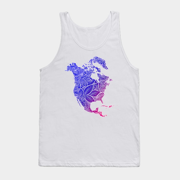 Colorful mandala art map of North America with text in blue and violet Tank Top by Happy Citizen